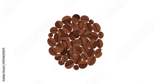 A perfectly round pile of numerous dark and medium brown roasted coffee beans is neatly arranged on a clean white background.