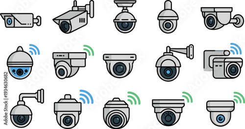 Security camera and CCTV surveillance icon set, flat vector illustration for monitoring, protection and wireless technology concepts