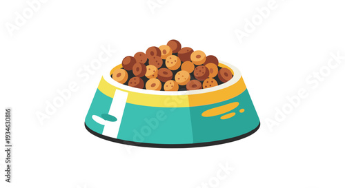 A vibrant teal pet food bowl, accented with a yellow rim and white stripe, is overflowing with various brown and tan kibble pieces on a pristine white background.