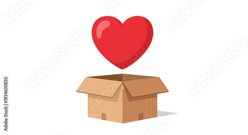 A vibrant, glossy red heart is suspended gracefully above an open, empty brown cardboard box, which rests on a pristine white background.
