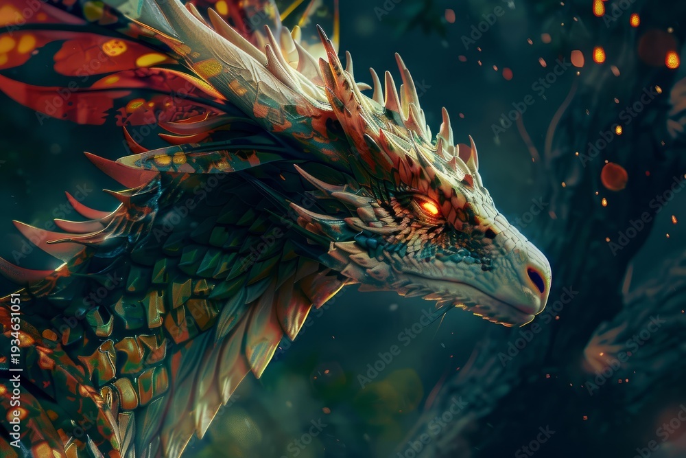 Naklejka premium Majestic mythical dragon with glowing eyes emerges from an enchanted forest, surrounded by falling embers