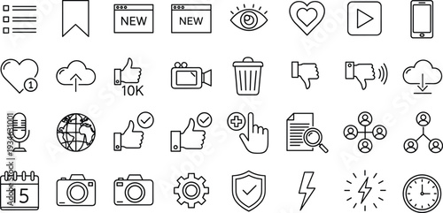 Minimalist Web Icon Set Featuring Social Media Symbols Interface Elements Business Tools Camera Security Heart and Cloud Icons on White Background 