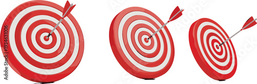 Red bullseye target with arrow in center, set of three targets at different angles, business success, goal achievement, marketing strategy.