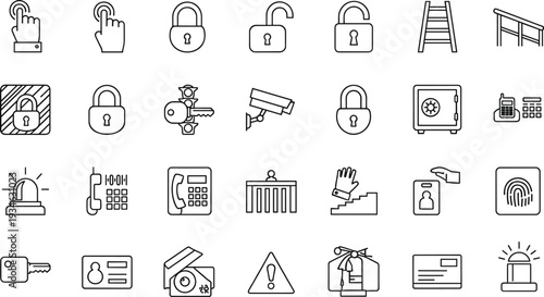 Security and Access Control Icon Set Featuring Padlocks Surveillance Camera Fingerprint Scanner Alarm Siren Identity Card Keys and Safety Warning Symbols 