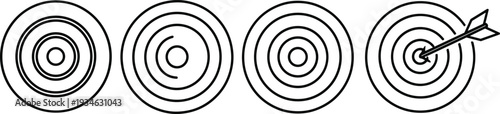 Set of bullseye target icons with arrows, red 3D targets and black line art circles, business success goals, marketing achievement.