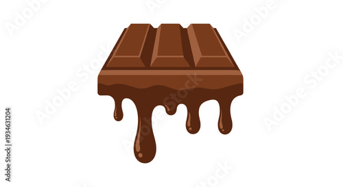 A rectangular chocolate bar, divided into three segments, is depicted actively melting with several streams of rich brown liquid chocolate dripping downwards on a white background.