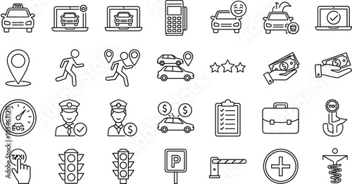 Transportation and Taxi Service Line Icon Set Featuring Ride Sharing Logistics Delivery Payment Methods Parking and Vehicle Management for Mobile App 