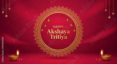 Akshaya Tritiya vector festive greeting background with golden mandala frame hanging diya lamps and red decorative backdrop for hindu prosperity celebration banner