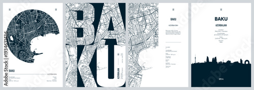 Set of travel posters design with street plan Baku the capital and largest city of Azerbaijan, Silhouette city skyline, vector artwork, Monochrome printable detailed urban city map