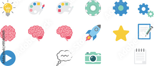 Creative design and innovation icon set, flat vector illustration for idea generation, brainstorming, startup launch and media concepts