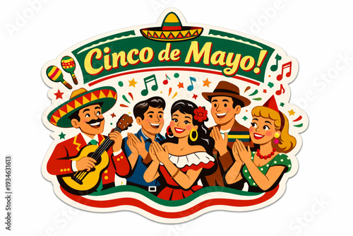 Retro 1950s Cinco de Mayo Fiesta Crowd Sticker