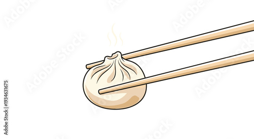 A single steaming dim sum dumpling with visible pleats is carefully held by two light wooden chopsticks.
