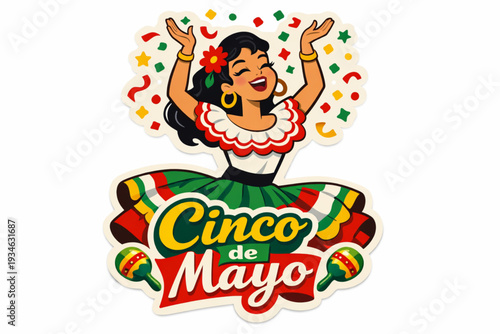 Retro 1950s Cinco de Mayo Dancing Woman Tossing Confetti Sticker