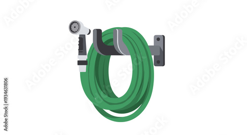 A coiled bright green garden hose with a silver and black spray nozzle hangs on a dark gray wall-mounted holder.