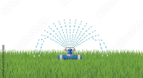 A blue oscillating lawn sprinkler with a gray base sprays multiple water droplets onto a vibrant green grassy lawn.