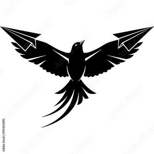 Majestic black silhouette of a quetzal bird in flight against a plain background Vector