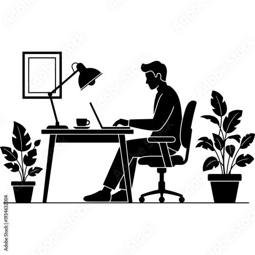 A focused individual working at a home office desk surrounded by greenery and a lamp. Vector