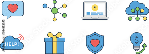 Digital marketing and online service icon set, flat vector illustration for cloud computing, security, donation and ecommerce concepts