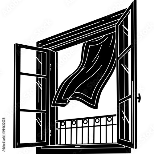 A black and white illustration of an open window with a hanging curtain and balcony railing Vector