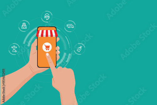 Modern mobile shopping concept with smartphone in hand, online store interface, digital marketplace icons, ecommerce app, delivery service and customer support technology illustration.