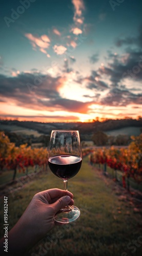 A glass of red wine in hand against the backdrop of a vineyard at sunset, among lush green grape vines and a beautiful sky.
