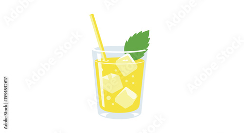 A clear glass filled with bright yellow lemonade, ice cubes, a fresh green mint leaf, and a yellow straw is centrally placed.