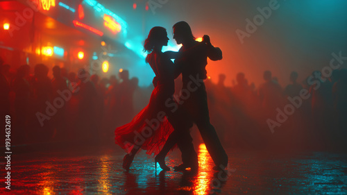 Passionate dancers embrace under neon lights in a bustling city street