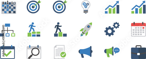 Business strategy and project management icon set, target growth analytics leadership startup workflow flat vector illustration collection