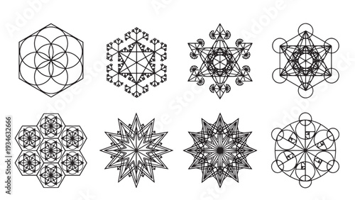 Sacred geometry mandala pattern set for spiritual branding, meditation design, tattoo art and esoteric wellness product decoration applications