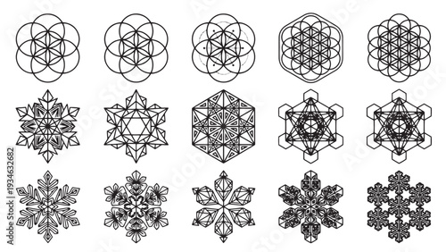 Sacred geometry mandala snowflake pattern collection for spiritual wellness branding, meditation apps, tattoo design and decorative art projects