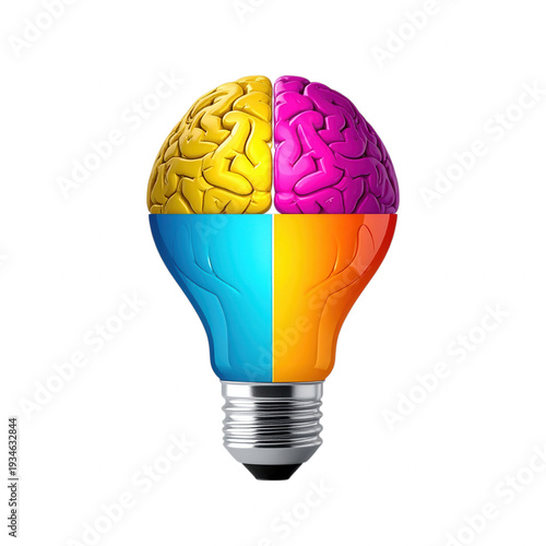 Colorful brain-shaped light bulb with yellow, pink, blue, and... isolated on a transparent background