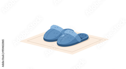 A pair of soft, fuzzy blue slippers with textured soles is placed on a light beige rectangular mat.
