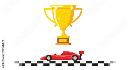 A gleaming golden trophy with a rectangular base is positioned above a sleek red open-wheel race car on a straight checkered finish line.