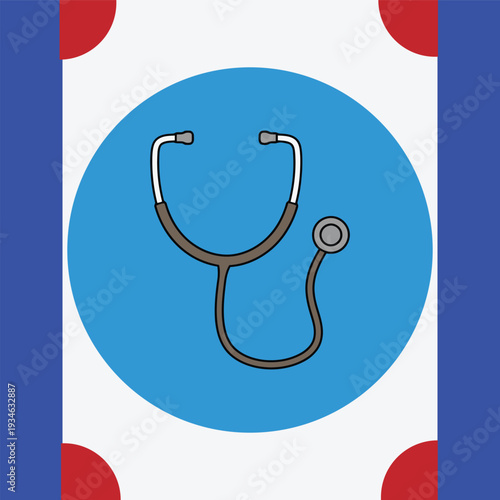 Illustration of a stethoscope on a blue circle with border design.