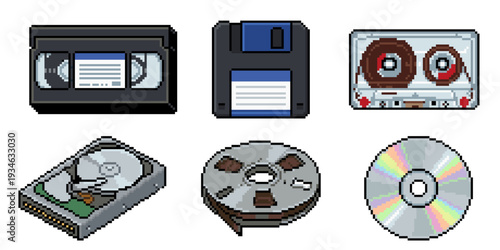 Pixel Art Retro Storage Media – VHS, Floppy Disk, Cassette, CD 8 Bit Icons Vector