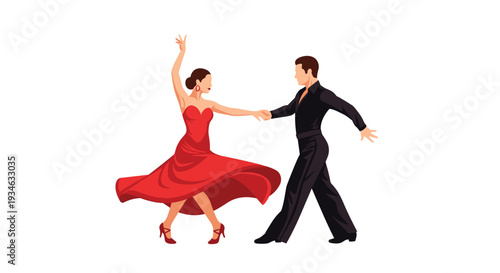 A male dancer in a sleek black suit and a female in a vibrant red strapless dress are captured mid-dance, holding hands.