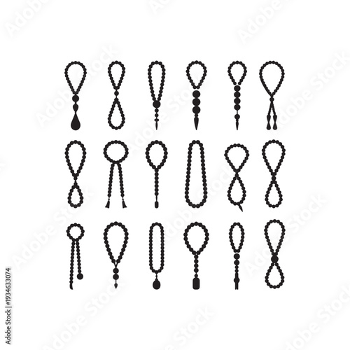 Collection of Islamic prayer beads tasbih with various tassel and bead in black silhouette misbaha rosary