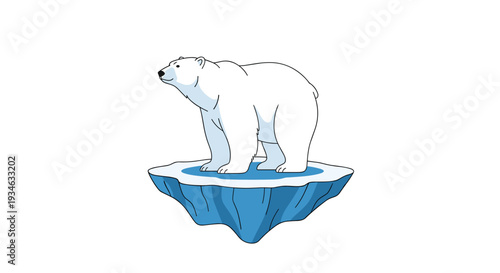 A simplified vector illustration portrays a solitary white polar bear on a floating blue and white ice floe against a white backdrop.