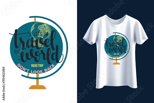 Travel adventure t-shirt design, vintage camper van with globe and mountains, road trip wanderlust typography, vector illustration for apparel