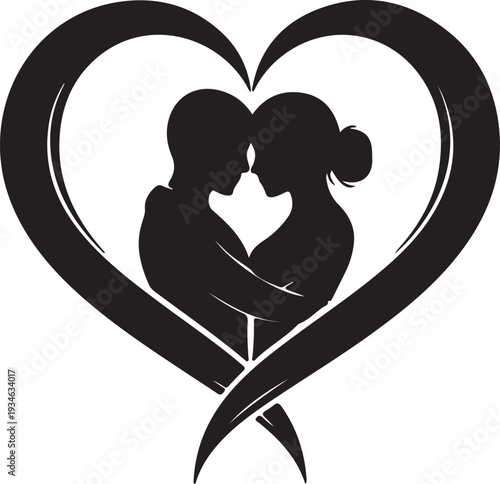 Stylized black and white illustration of a loving couple embracing within a decorative heart symbol, representing romance, affection, and strong connection