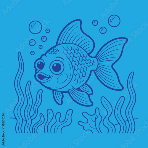 Blue cartoon fish swimming with seaweed and bubbles underwater scene