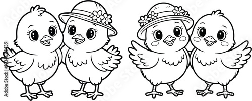 Cartoon chicks in different poses and hats line art illustration