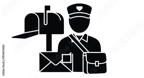 Simple black and white illustration of a postal worker with a mailbox