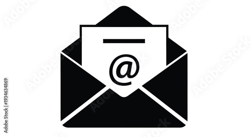 Simple black and white icon of an open envelope with an email symbol inside