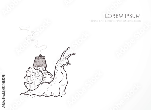 Snail carrying cozy cottage on its shell with chimney smoke and fir tree on white background. Whimsical doodle vector illustration for slow living, home and fantasy designs.