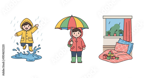 Children playing on a rainy day with umbrella and raincoat