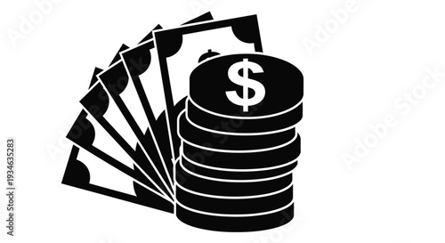 Black and white illustration of stacked coins and fanned currency bills