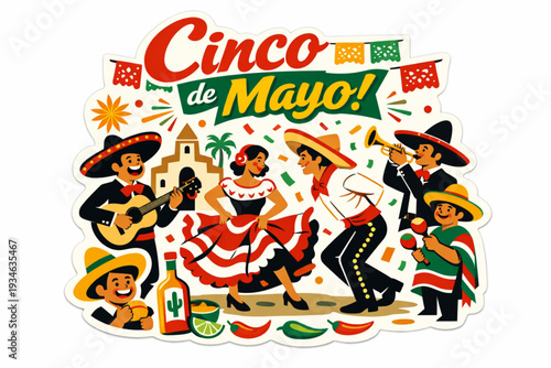Retro 1950s Cinco de Mayo Lively Street Celebration Sticker