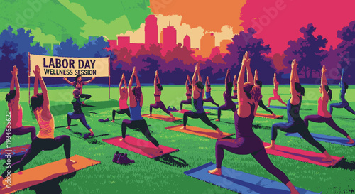 Group of people practicing yoga in a park on labor day for wellness and relaxation outdoors