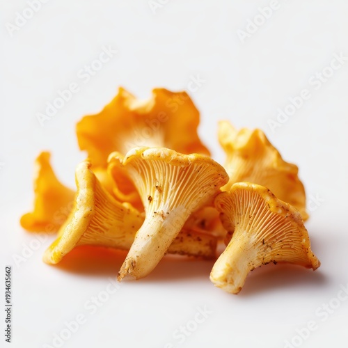 Fresh chanterelle mushrooms isolated on white background, wild mushrooms, studio food photography